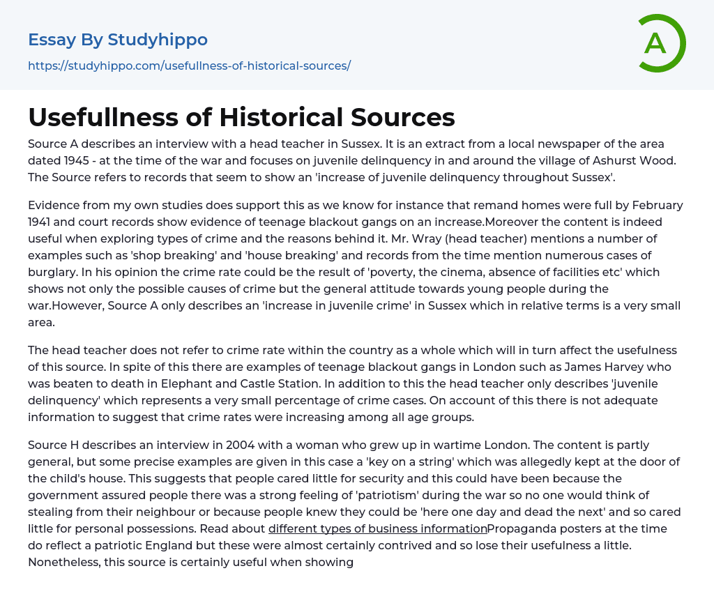 Usefullness of Historical Sources Essay Example
