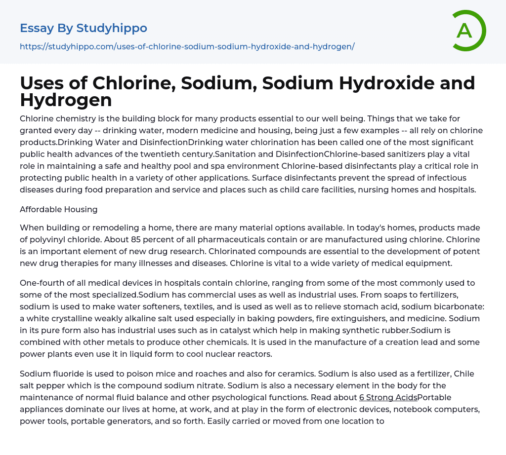 Uses of Chlorine, Sodium, Sodium Hydroxide and Hydrogen Essay Example