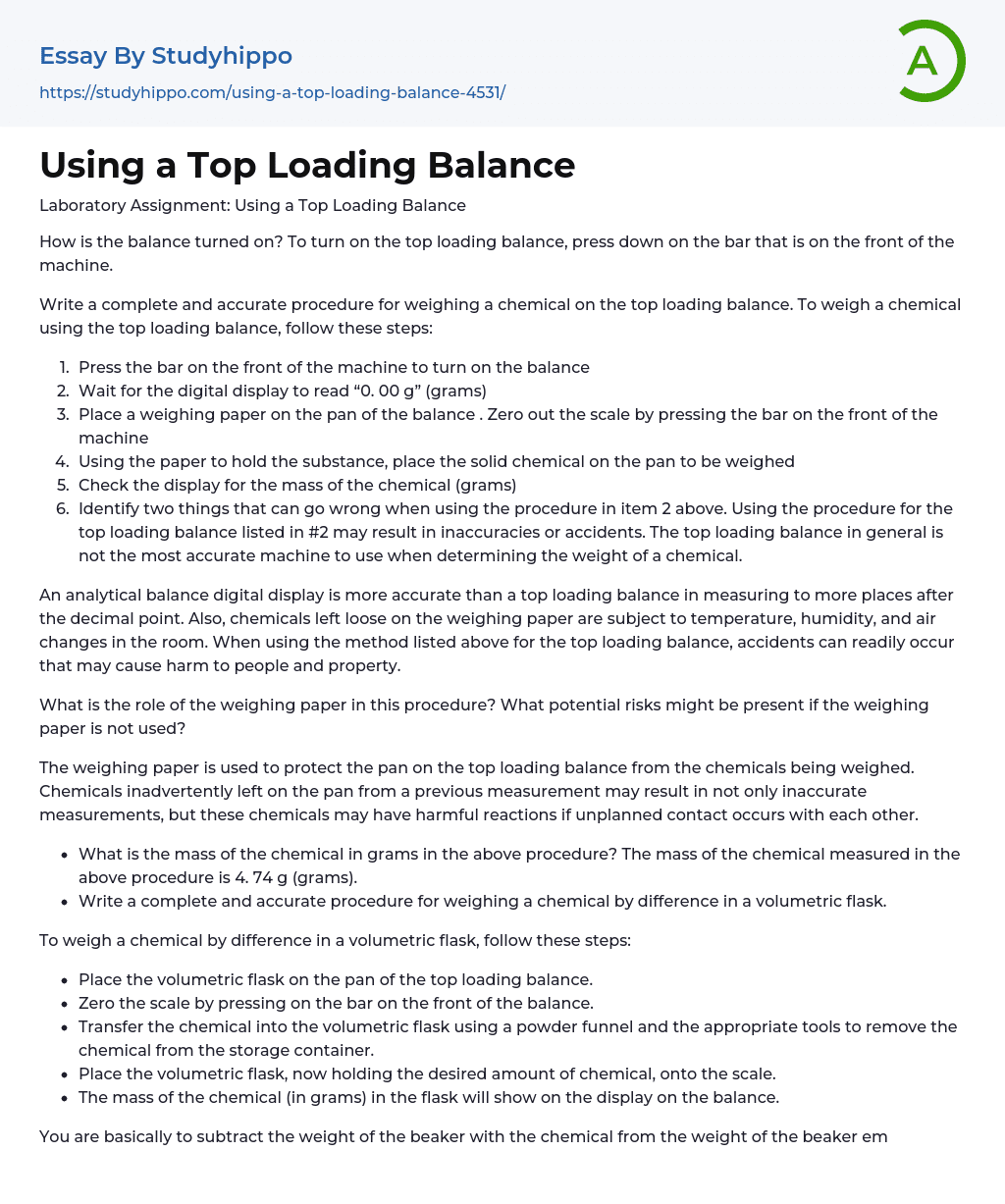 Using a Top Loading Balance Essay Example