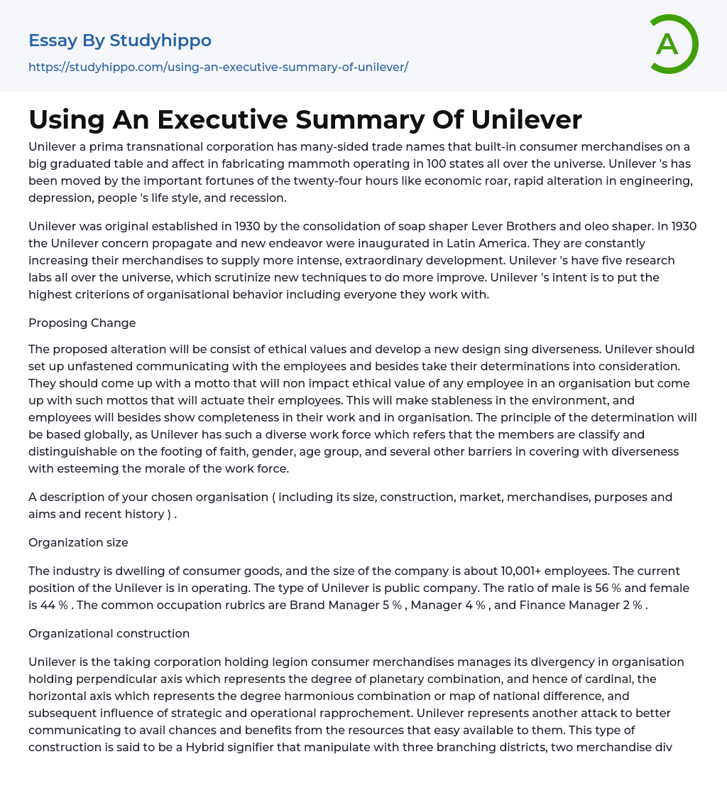 Using An Executive Summary Of Unilever Essay Example