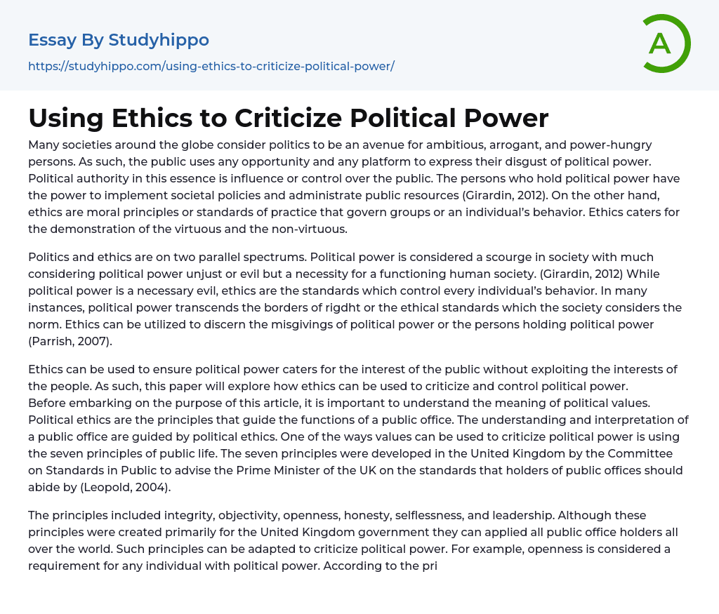 Using Ethics to Criticize Political Power Essay Example