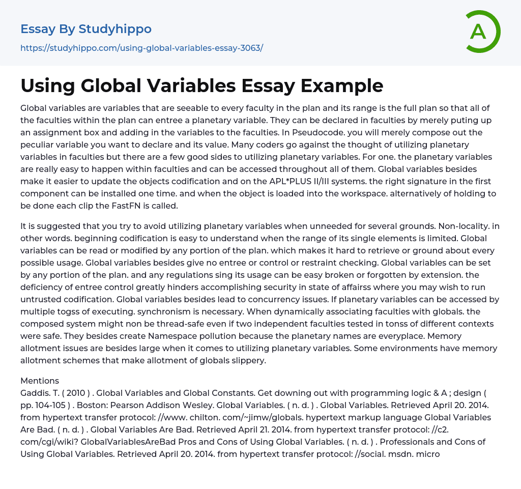 Using Global Variables Essay Example