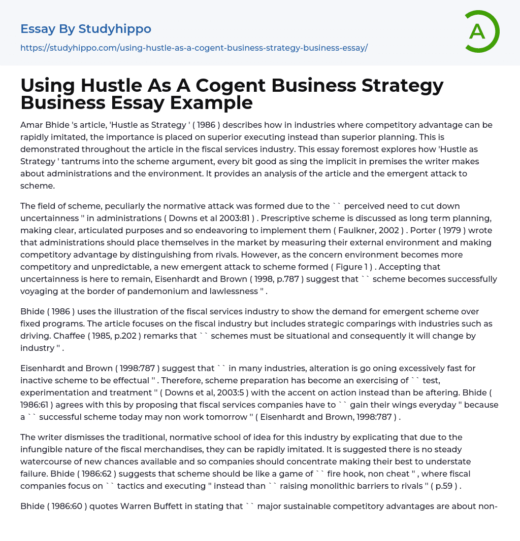Using Hustle As A Cogent Business Strategy Business Essay Example