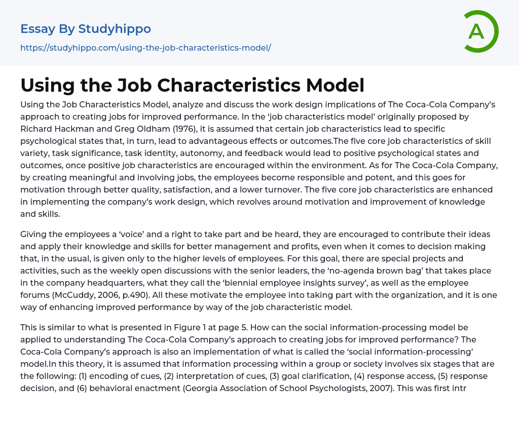 Using the Job Characteristics Model Essay Example