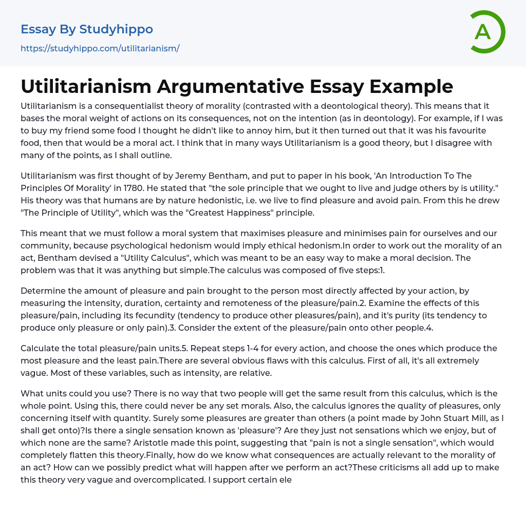 Utilitarianism Argumentative Essay Example