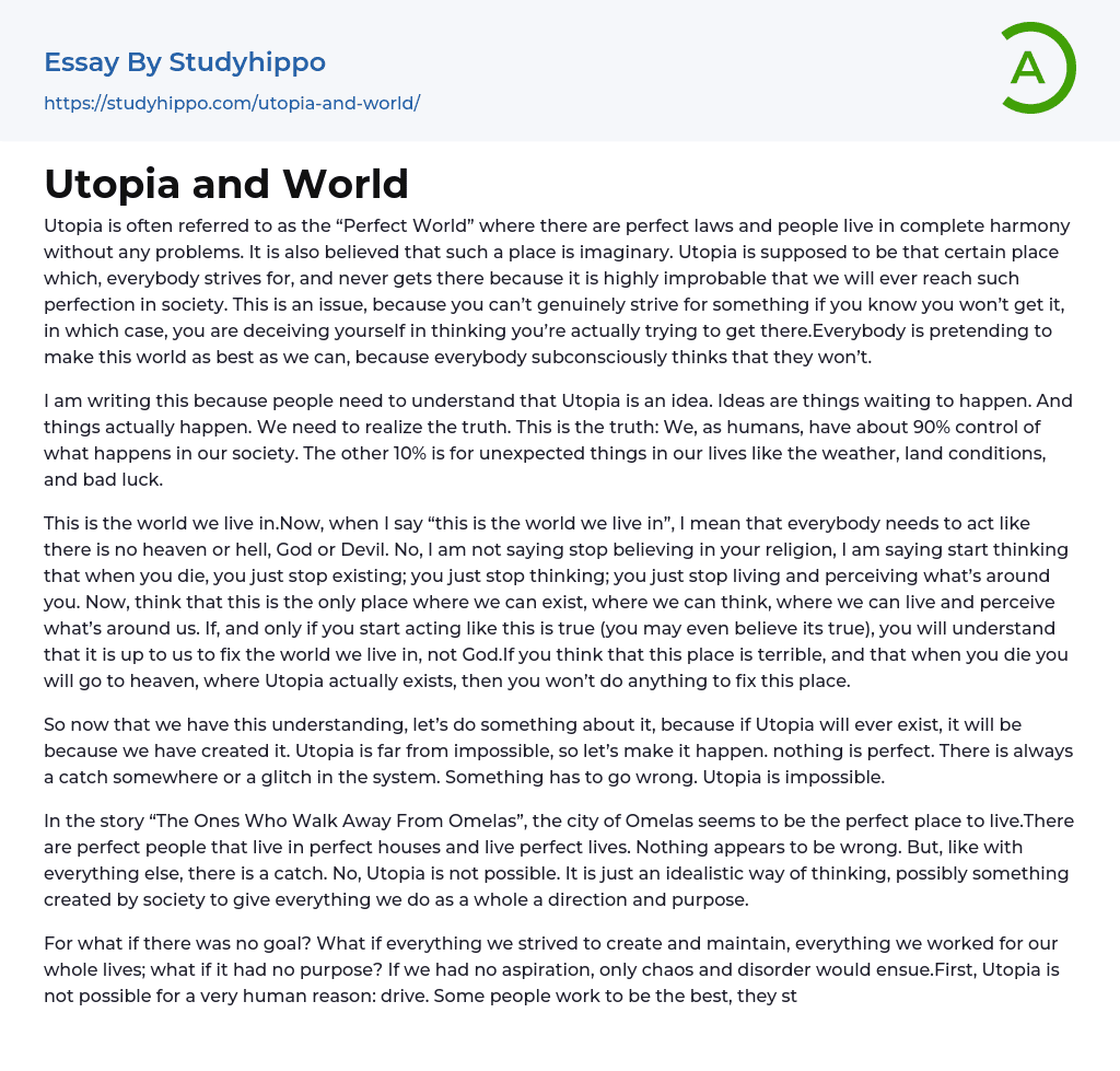 Utopia and World Essay Example