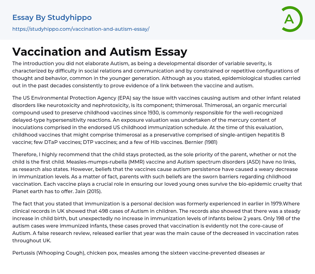 Vaccination and Autism Essay