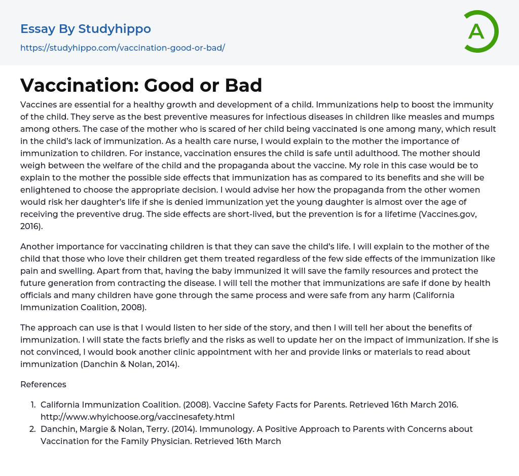 Vaccination: Good or Bad Essay Example
