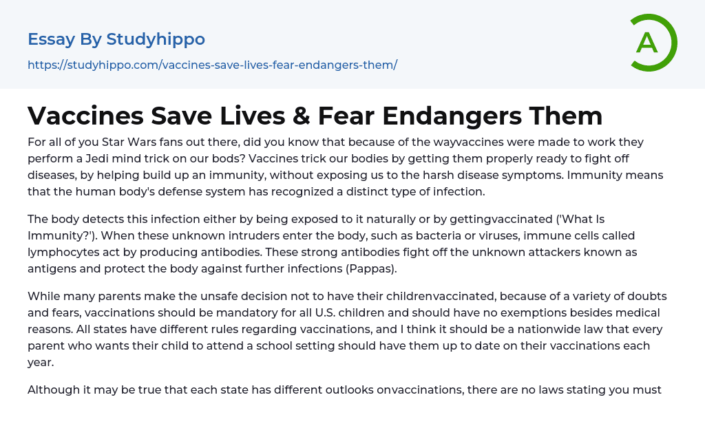 Vaccines Save Lives & Fear Endangers Them Essay Example