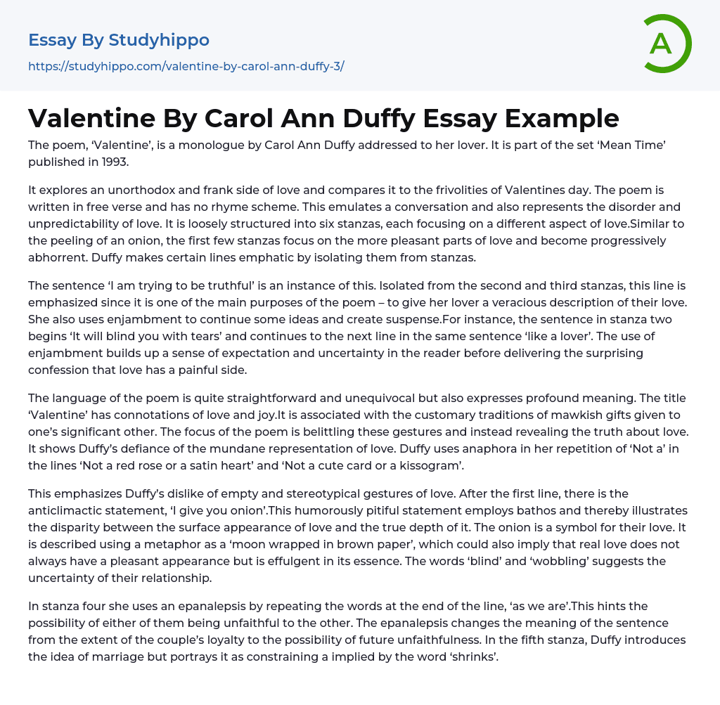 Valentine By Carol Ann Duffy Essay Example