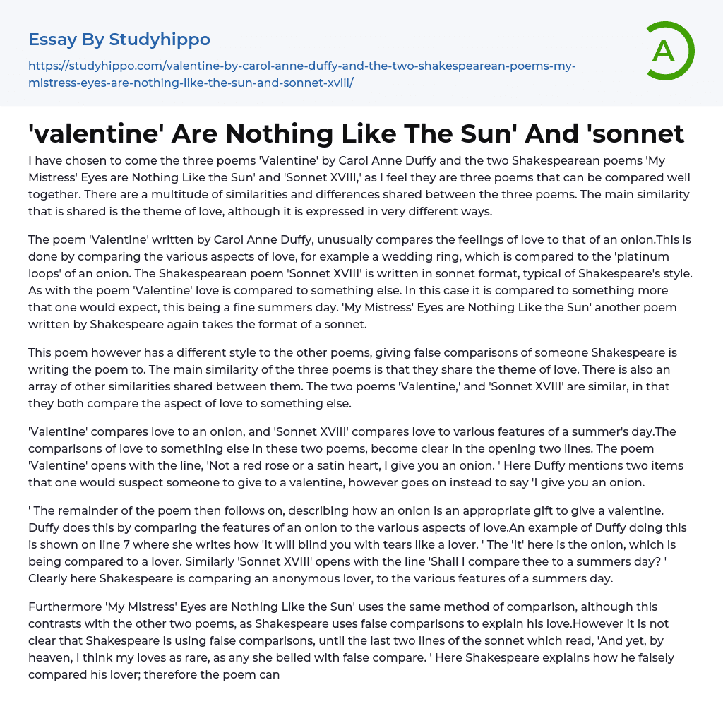 valentine’ Are Nothing Like The Sun’ And ‘sonnet Essay Example
