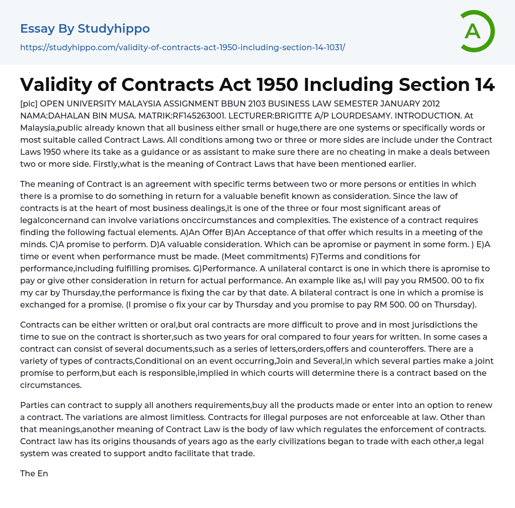 Validity of Contracts Act 1950 Including Section 14 Essay Example