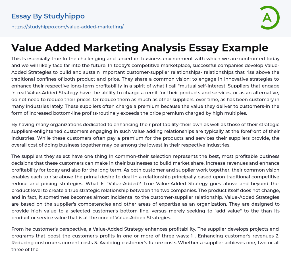 Value Added Marketing Analysis Essay Example