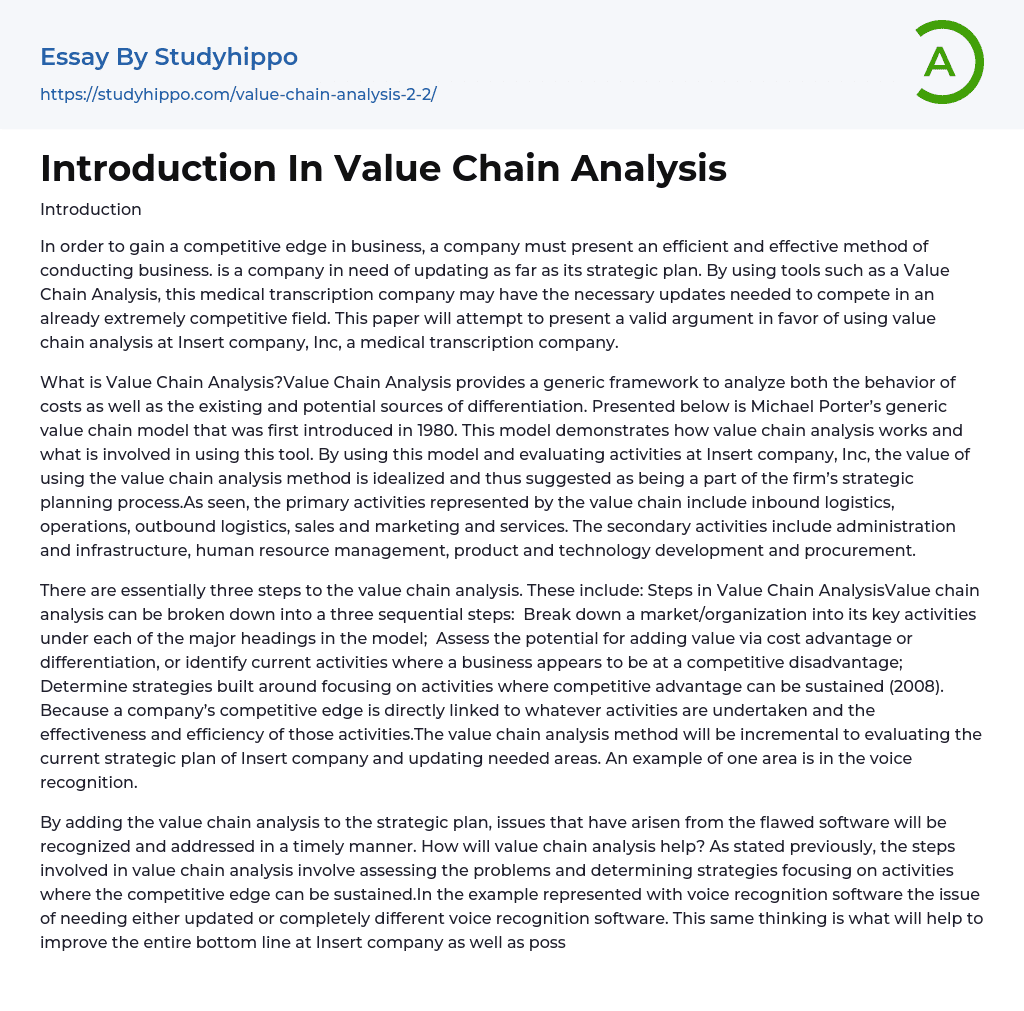 Introduction In Value Chain Analysis Essay Example