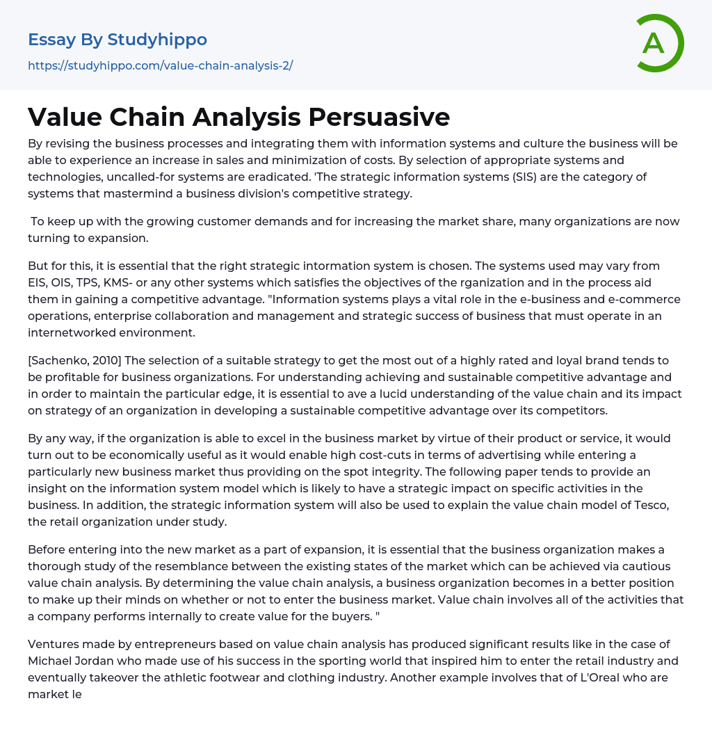 Value Chain Analysis Persuasive Essay Example