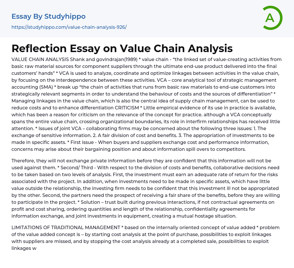 Reflection Essay on Value Chain Analysis