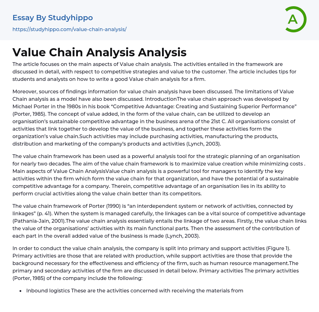 Value Chain Analysis Analysis Essay Example
