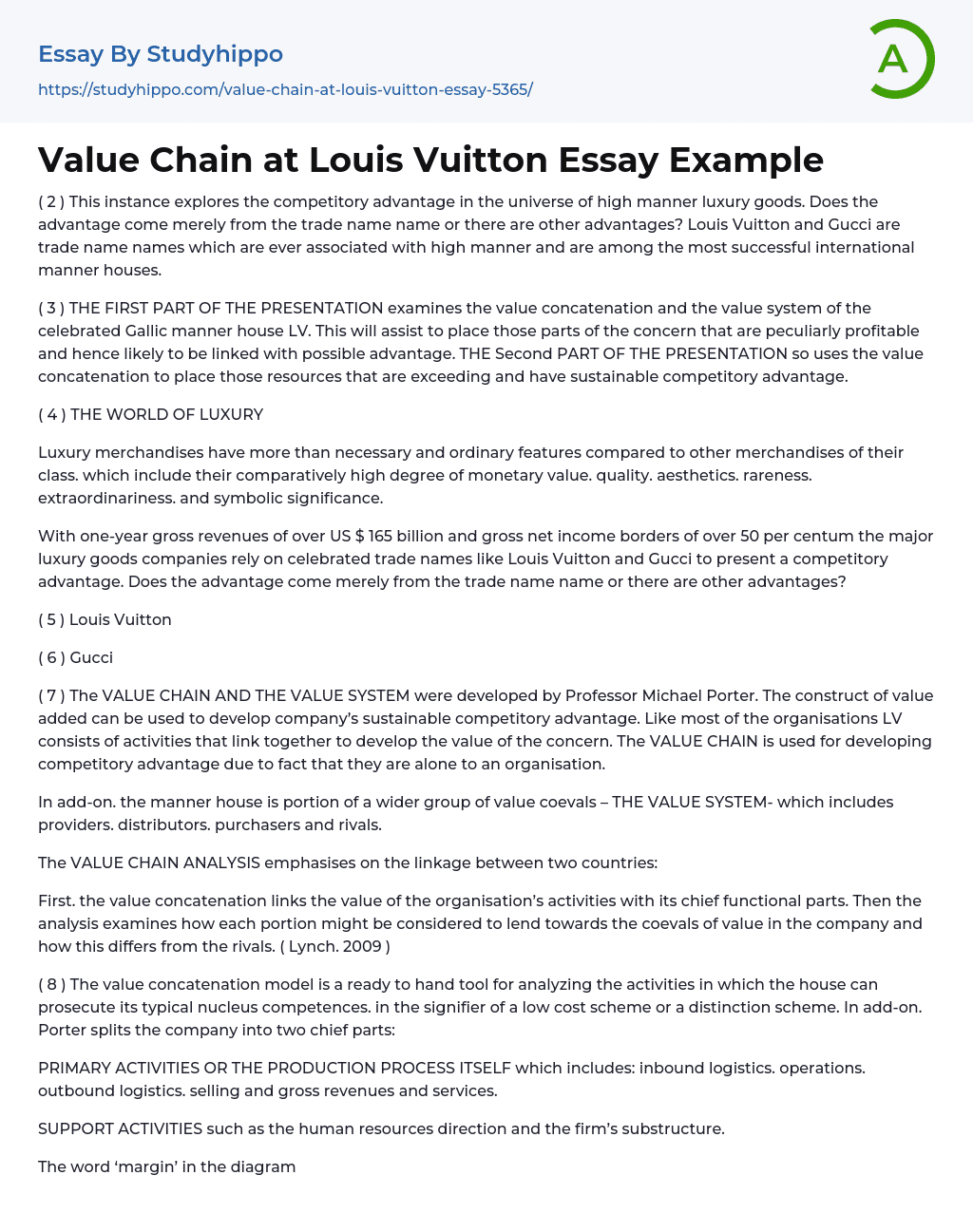 Value Chain at Louis Vuitton Essay Example
