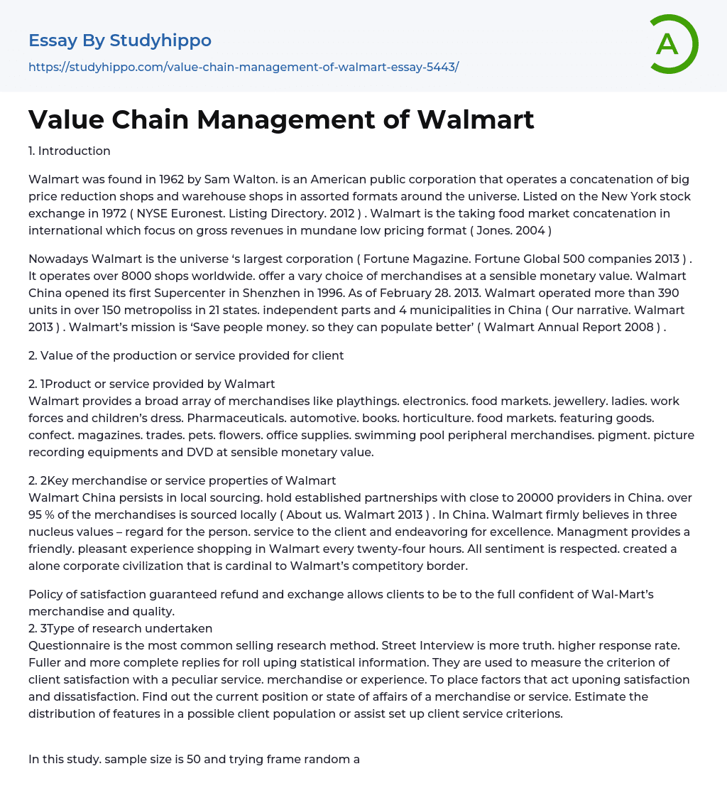 Value Chain Management of Walmart Essay Example