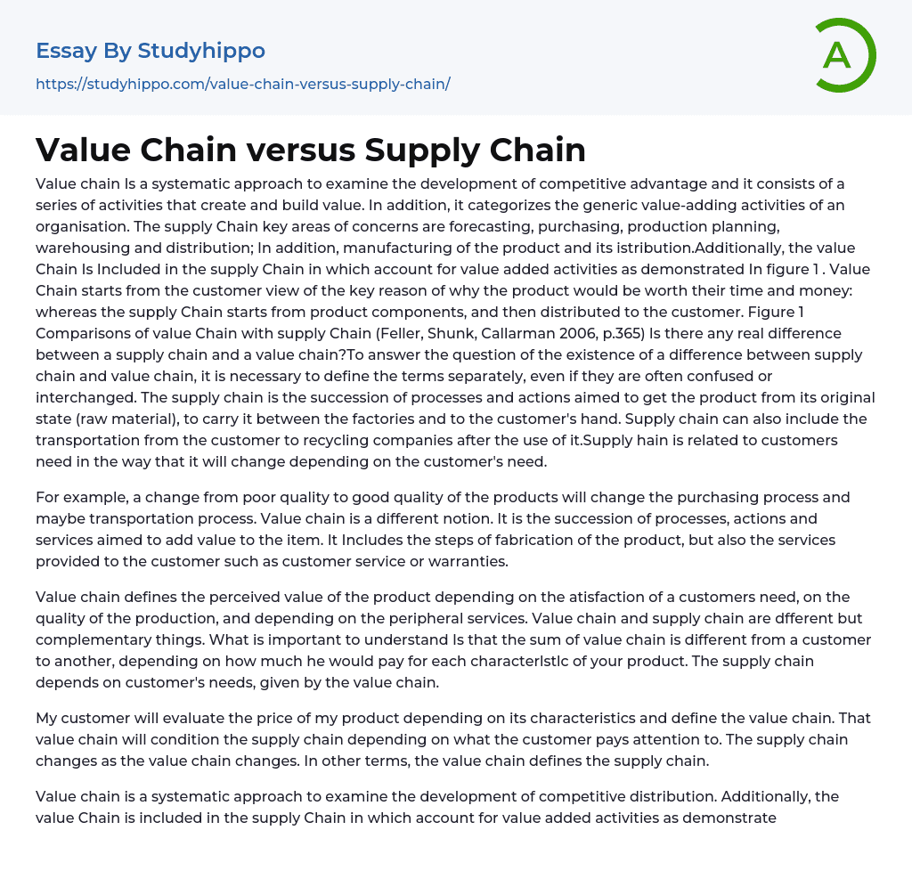 Value Chain versus Supply Chain Essay Example