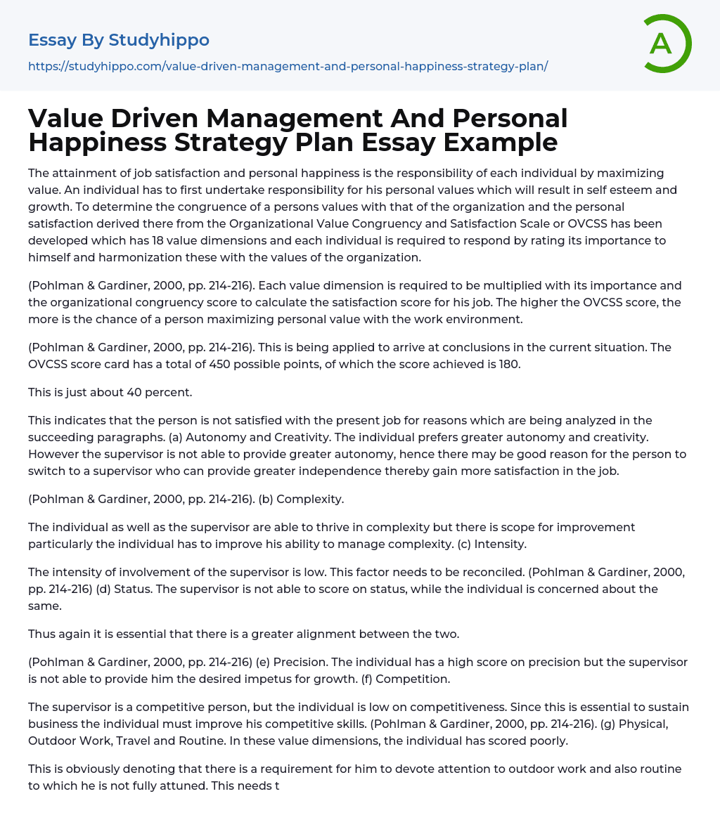 Value Driven Management And Personal Happiness Strategy Plan Essay Example