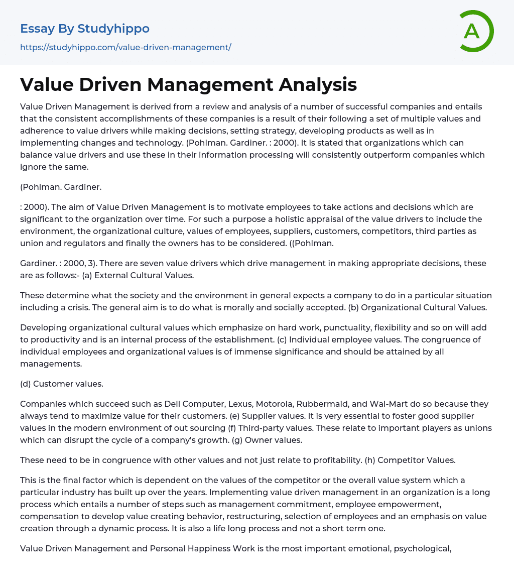 Value Driven Management Analysis Essay Example