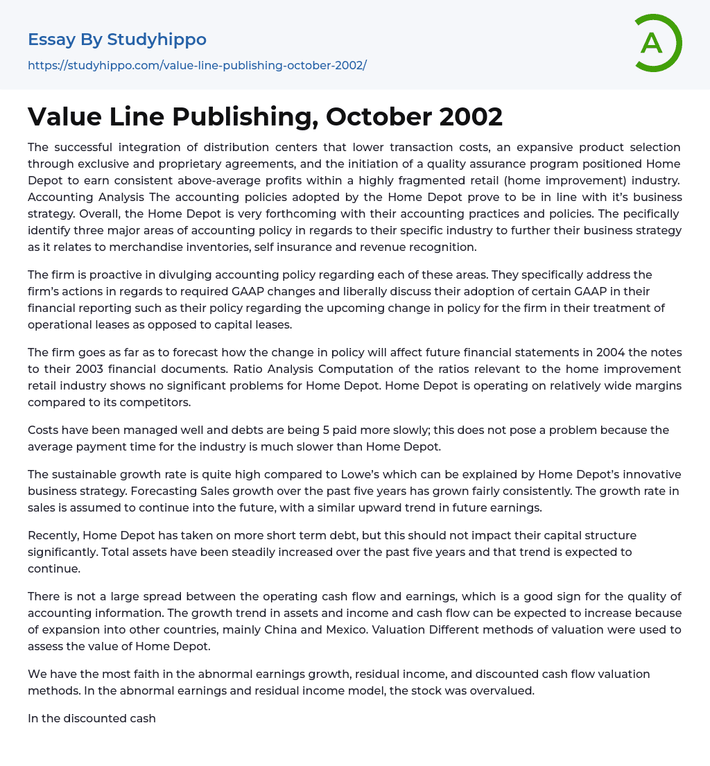 Value Line Publishing, October 2002 Essay Example