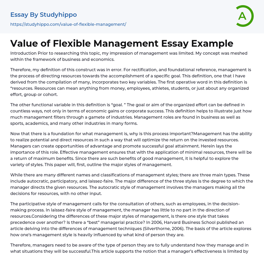 Value of Flexible Management Essay Example