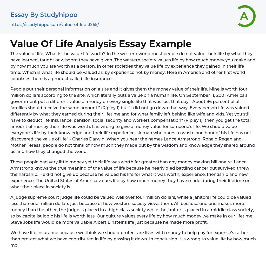 Value Of Life Analysis Essay Example
