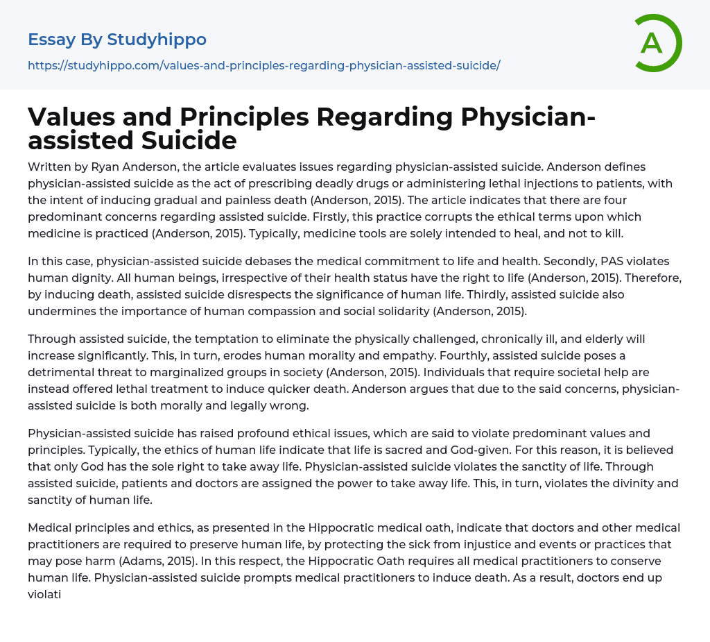 Values and Principles Regarding Physician-assisted Suicide Essay Example