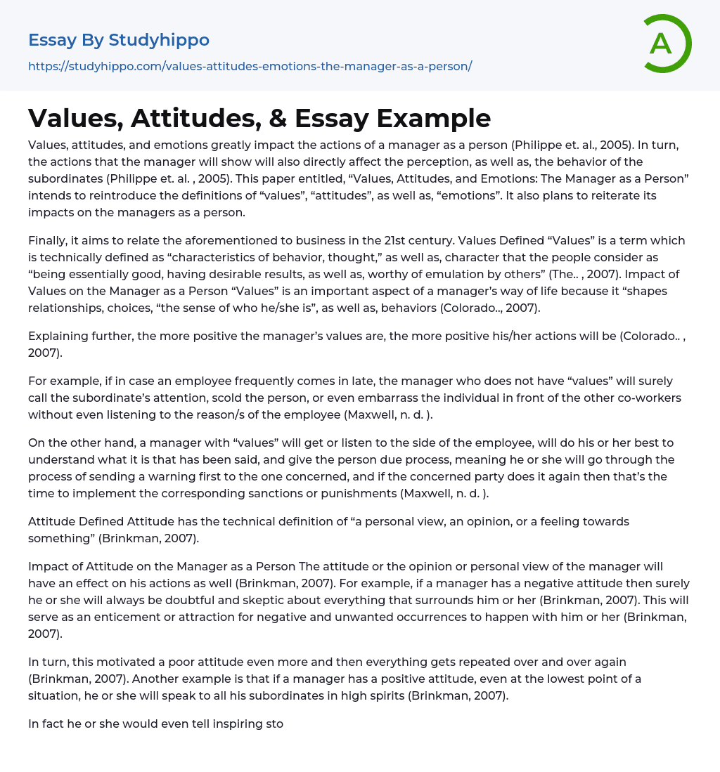 Values, Attitudes, &amp Essay Example