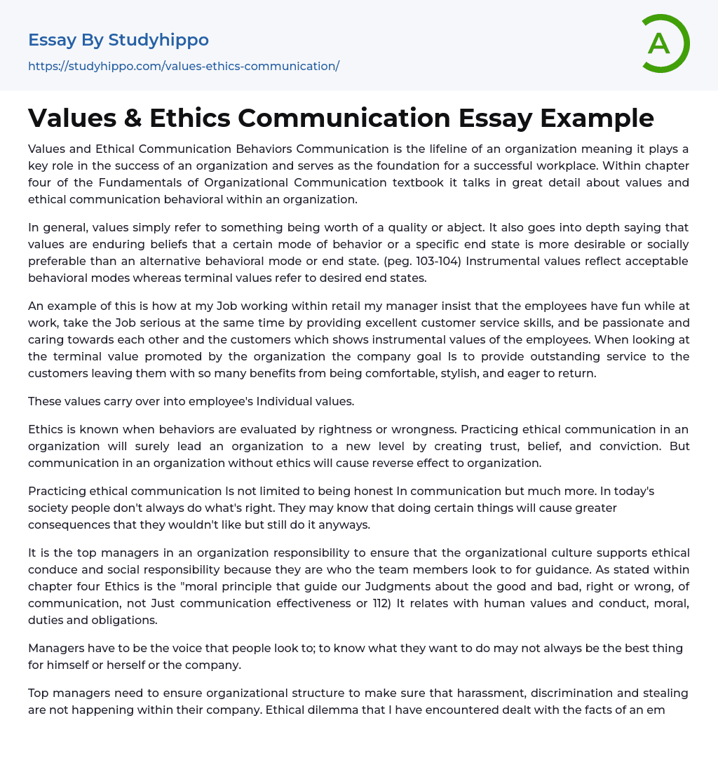 Values & Ethics Communication Essay Example