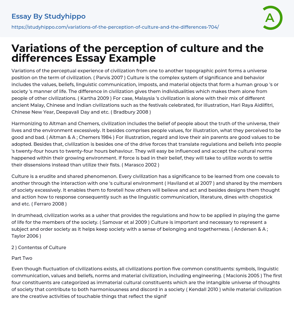 Variations of the perception of culture and the differences Essay Example