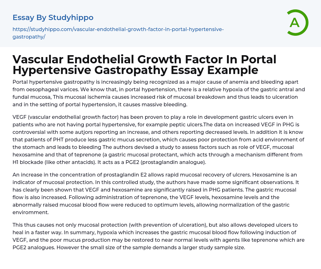 Vascular Endothelial Growth Factor In Portal Hypertensive Gastropathy Essay Example