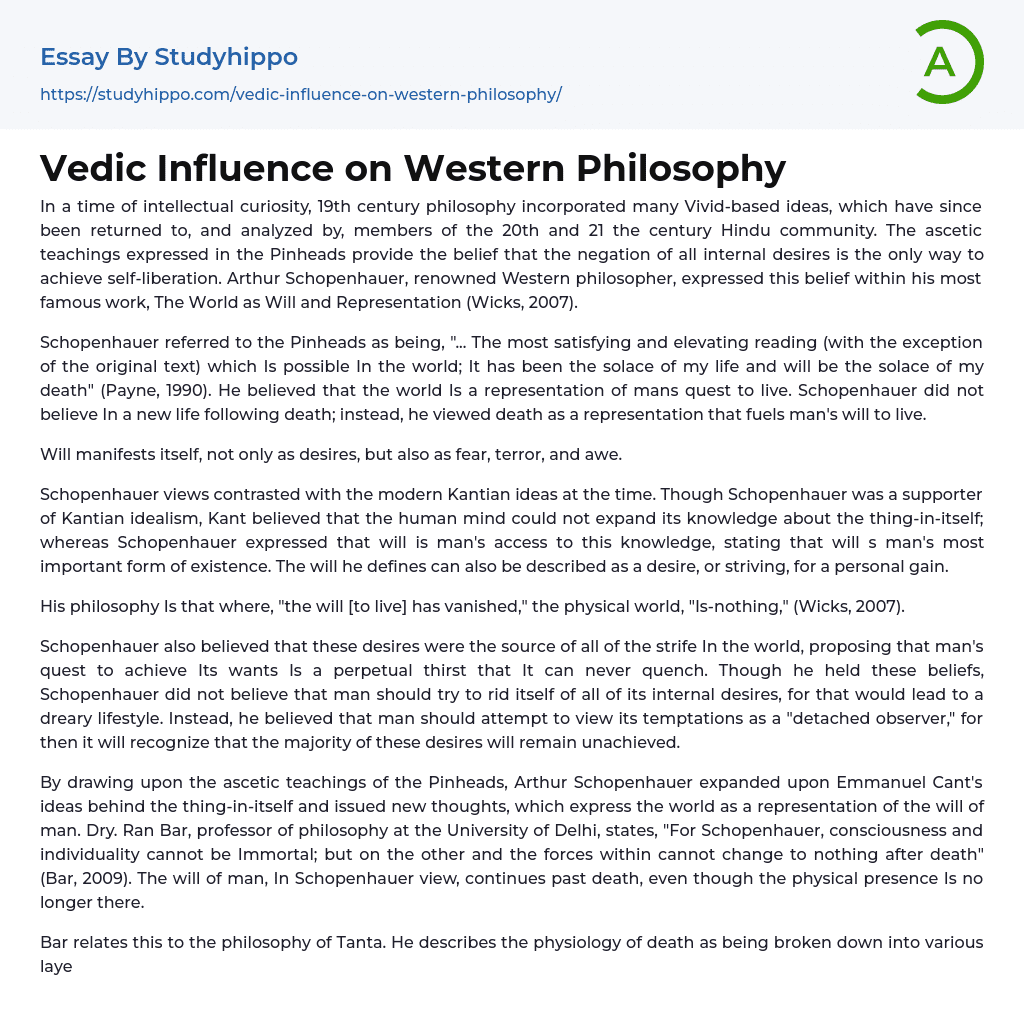 Vedic Influence on Western Philosophy Essay Example