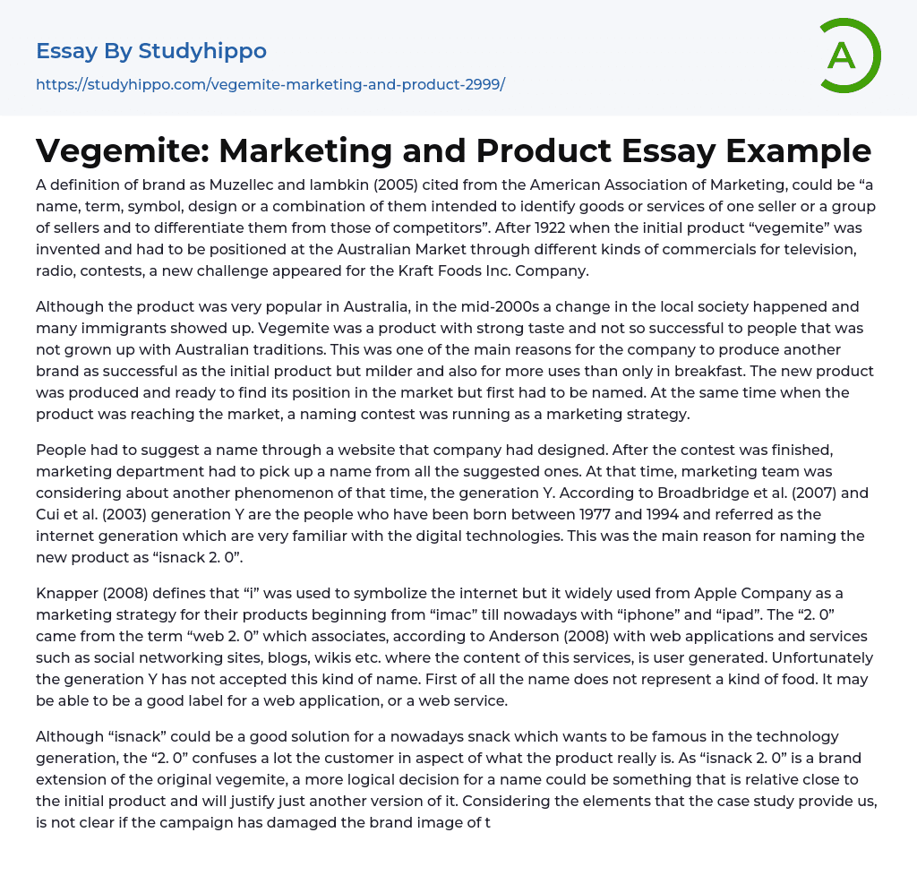 Vegemite: Marketing and Product Essay Example
