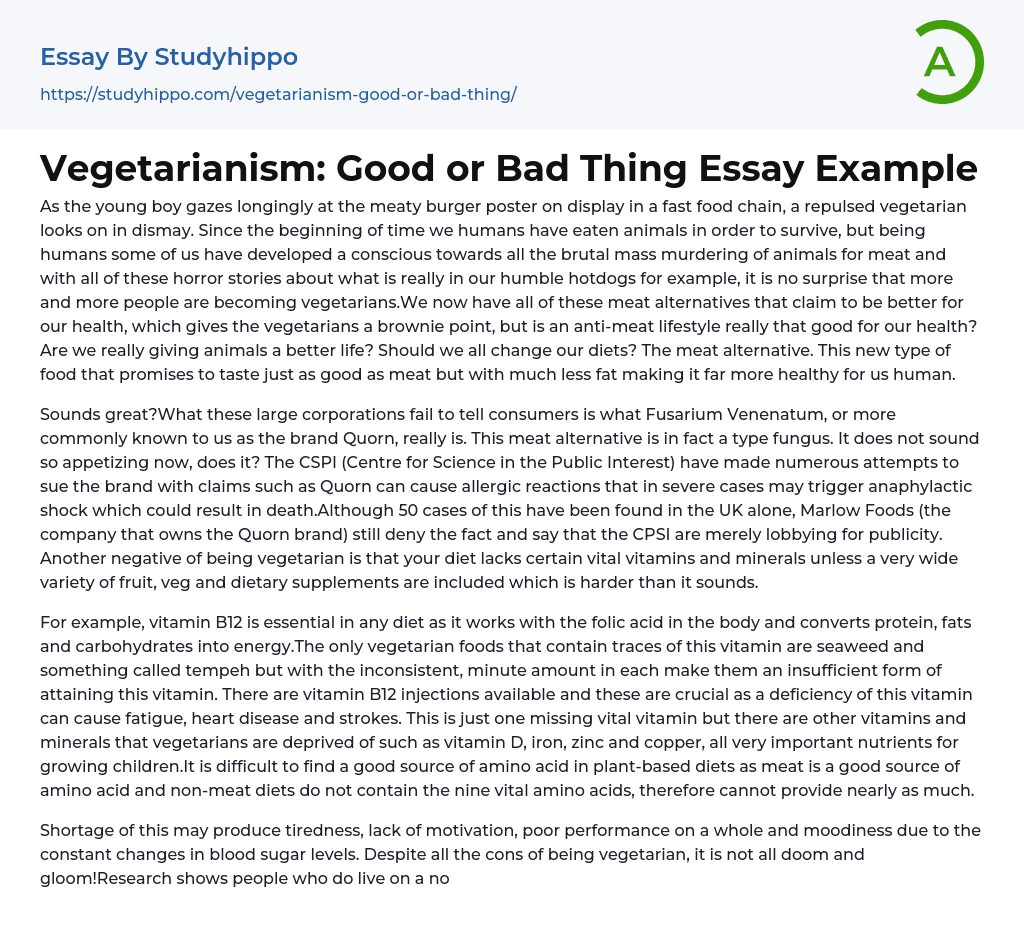 Vegetarianism: Good or Bad Thing Essay Example