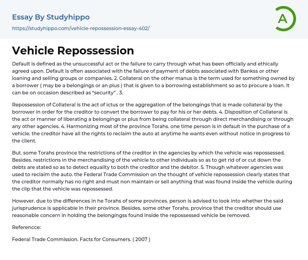 Vehicle Repossession Essay Example