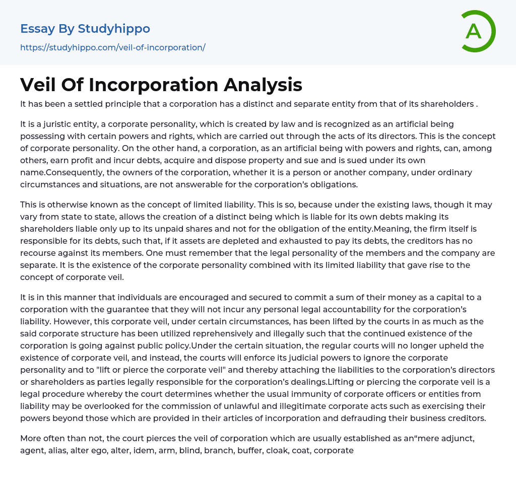 Veil Of Incorporation Analysis Essay Example