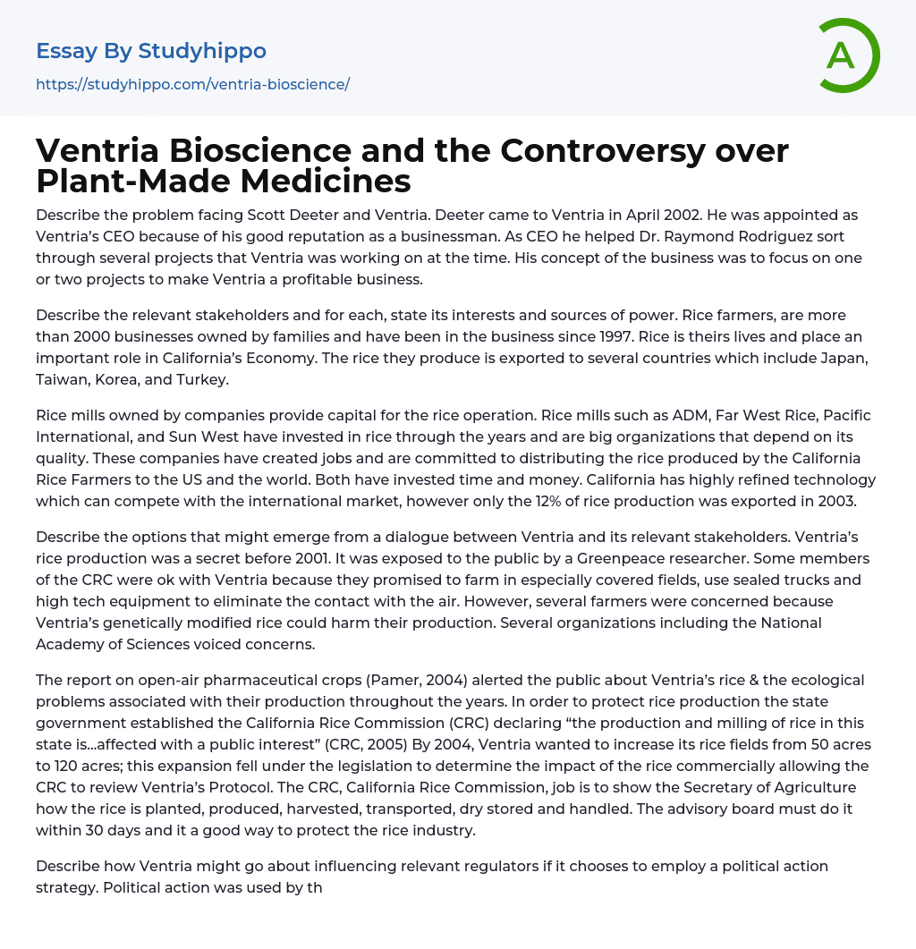 Ventria Bioscience and the Controversy over Plant-Made Medicines Essay Example