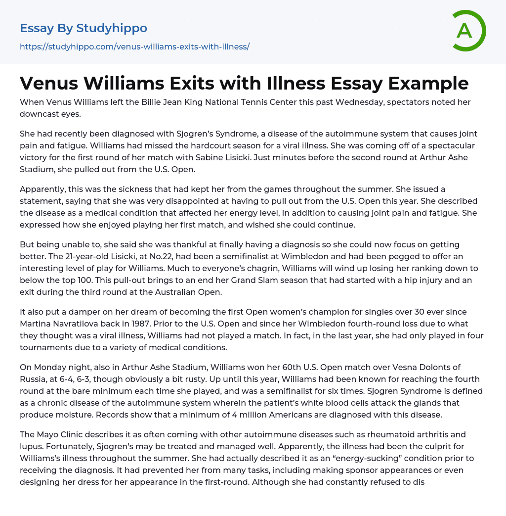 Venus Williams Exits with Illness Essay Example
