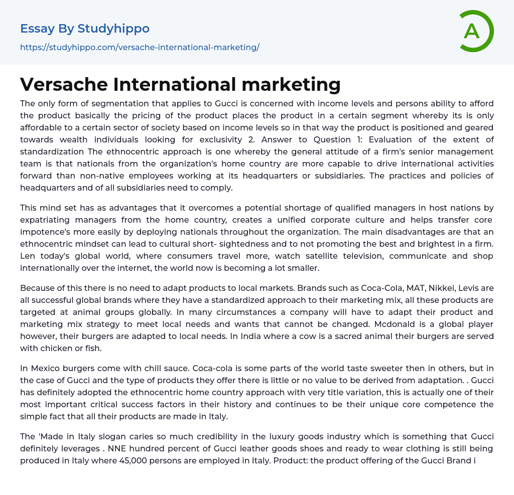 Versache International marketing Essay Example