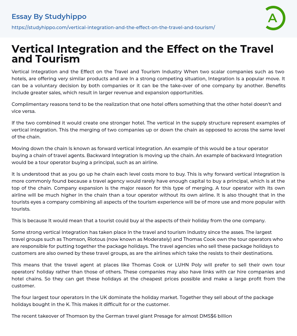 Vertical Integration and the Effect on the Travel and Tourism Essay Example
