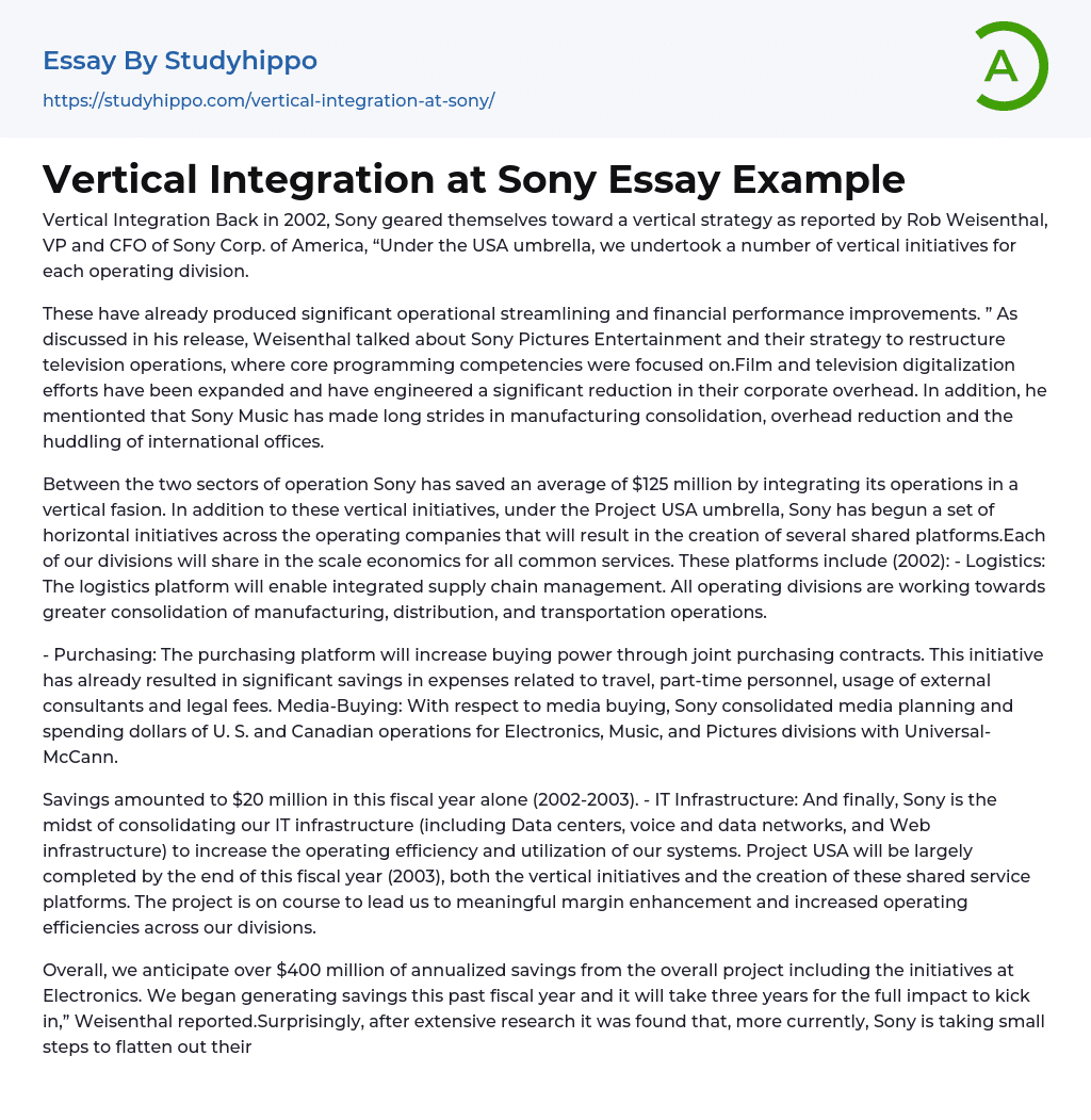 Vertical Integration at Sony Essay Example