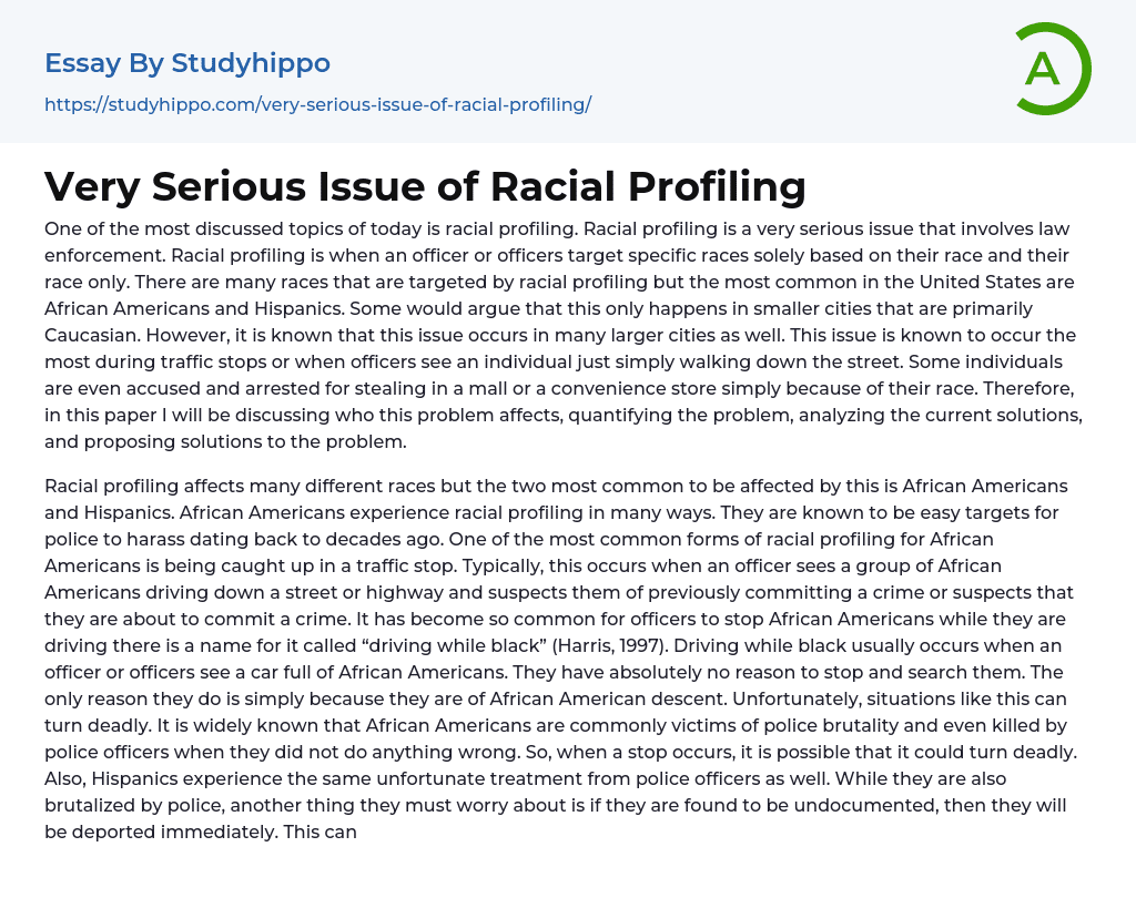 Very Serious Issue of Racial Profiling Essay Example