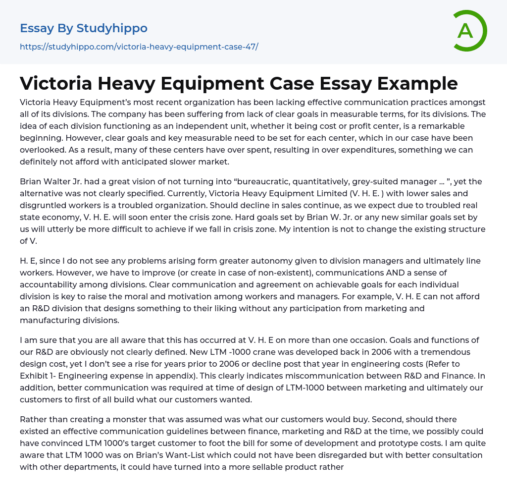 Victoria Heavy Equipment Case Essay Example