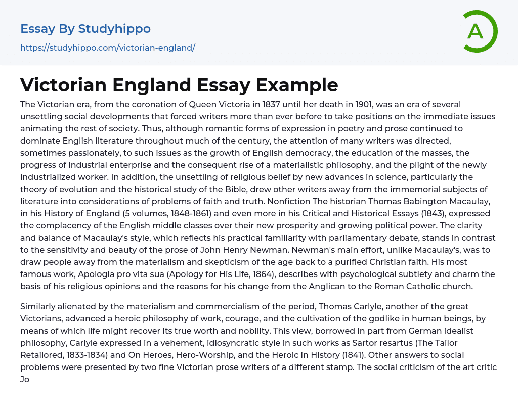 Victorian England Essay Example