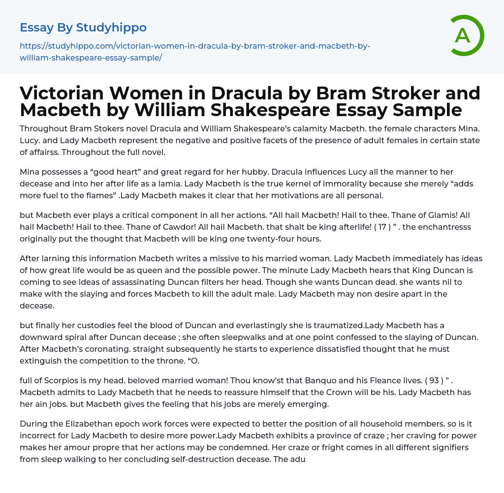 Victorian Women in Dracula by Bram Stroker and Macbeth by William Shakespeare Essay Sample
