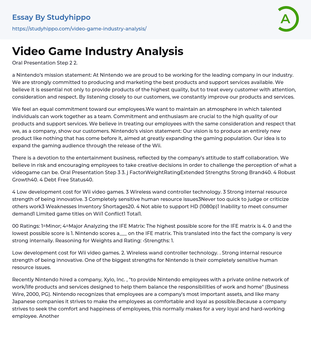 Video Game Industry Analysis: Nintendo’s Mission Statement Essay Example