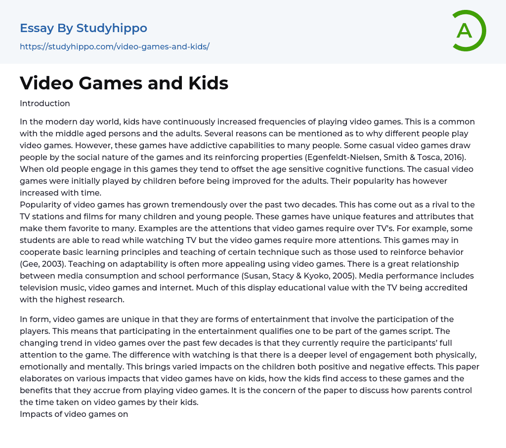 Video Games and Kids Essay Example